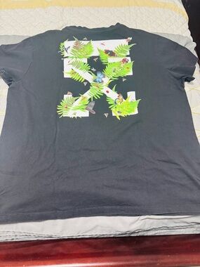 Off-White Black Tee with White Logo and Green Fern Graphic